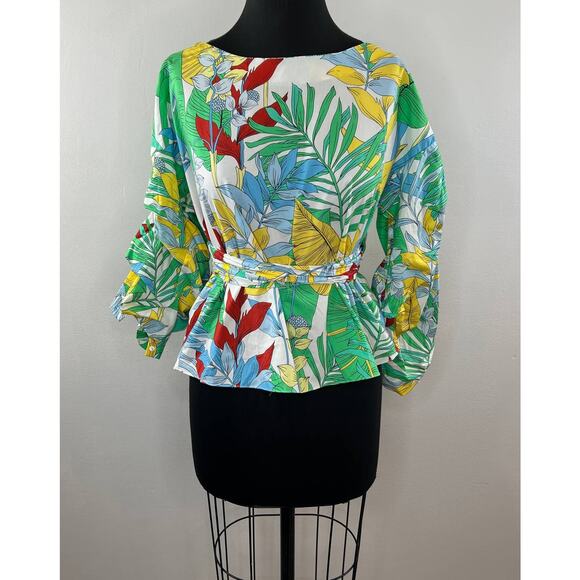 Zara Tops - NWT ZARA Colorful Tropical Long Sleeve Belted Top Blouse Tie Waist Boat Neck M
